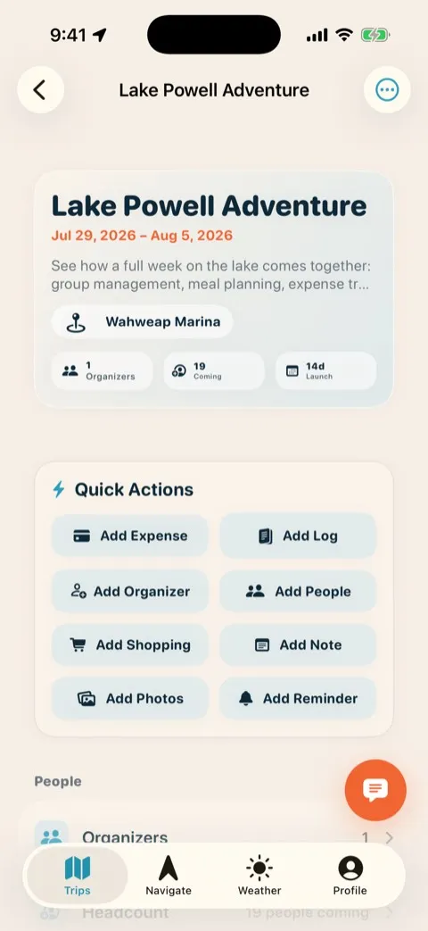 Shared Lake Powell trip dashboard with group members, dates, and quick actions