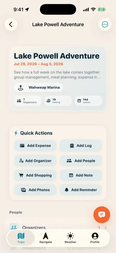 Shared Lake Powell trip dashboard with crew and quick actions