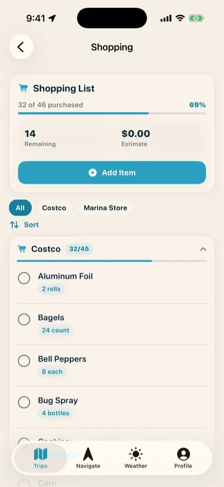 Shared shopping list grouped by store