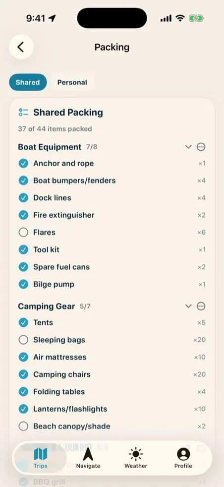 Shared packing checklist everyone on the trip can check off
