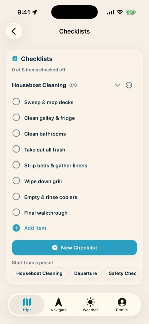 Shared boat prep and departure checklists the whole group can check off