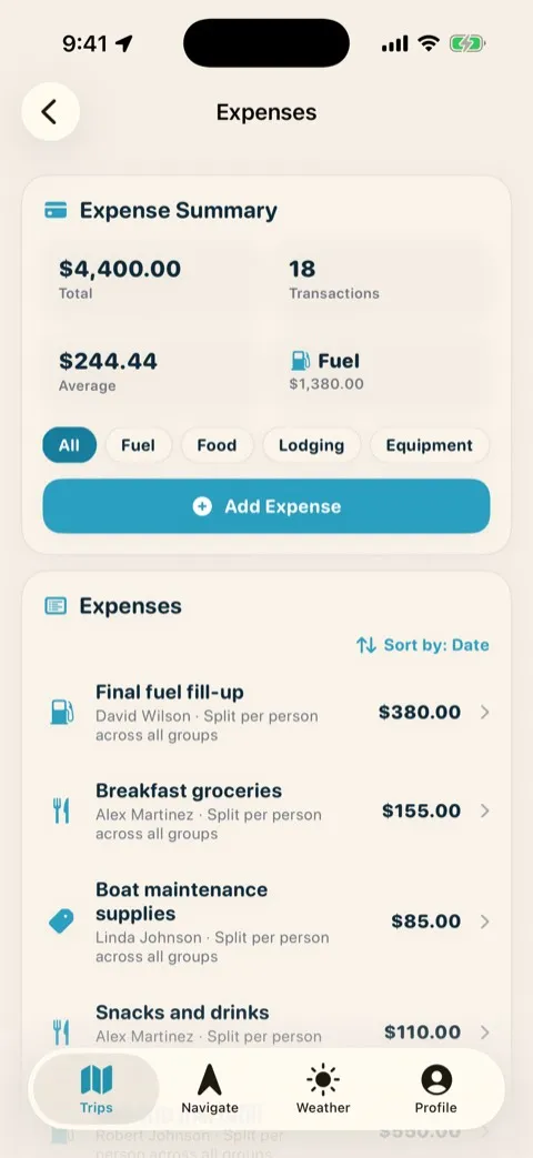 Trip expense tracker with AI-scanned receipts and category totals