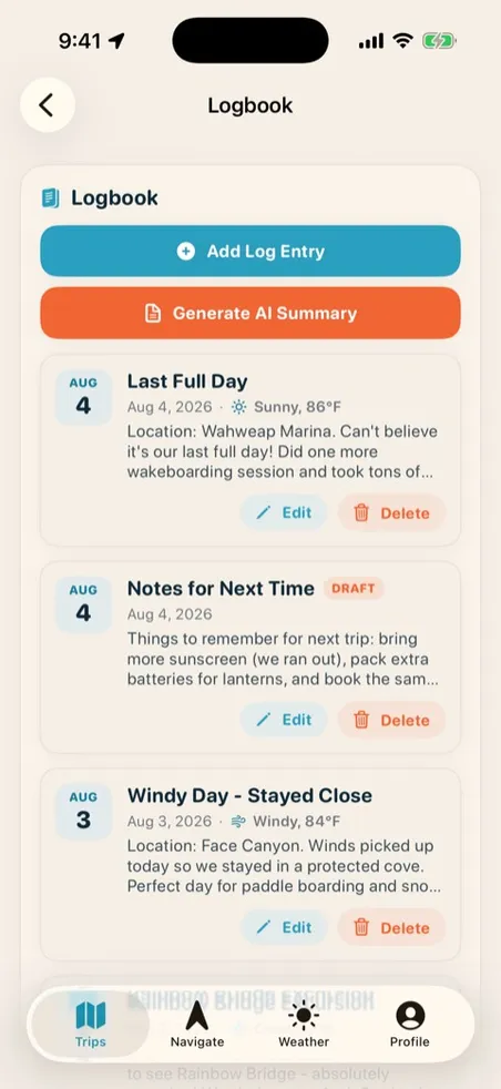 Trip logbook with daily entries