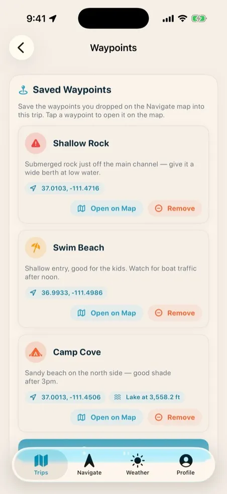 Personal waypoints list with categories