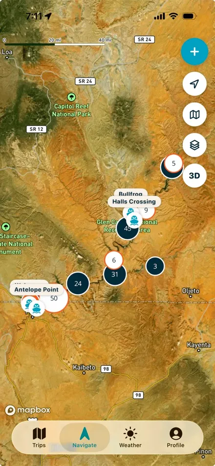 Community waypoints and hazard markers displayed on the Lake Powell map