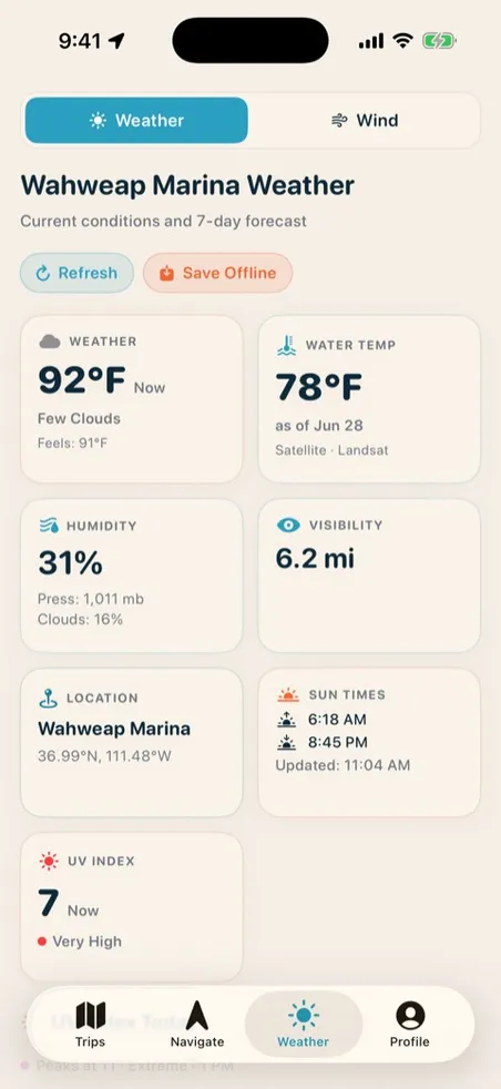 Marina-level weather forecast with current conditions and 7-day outlook