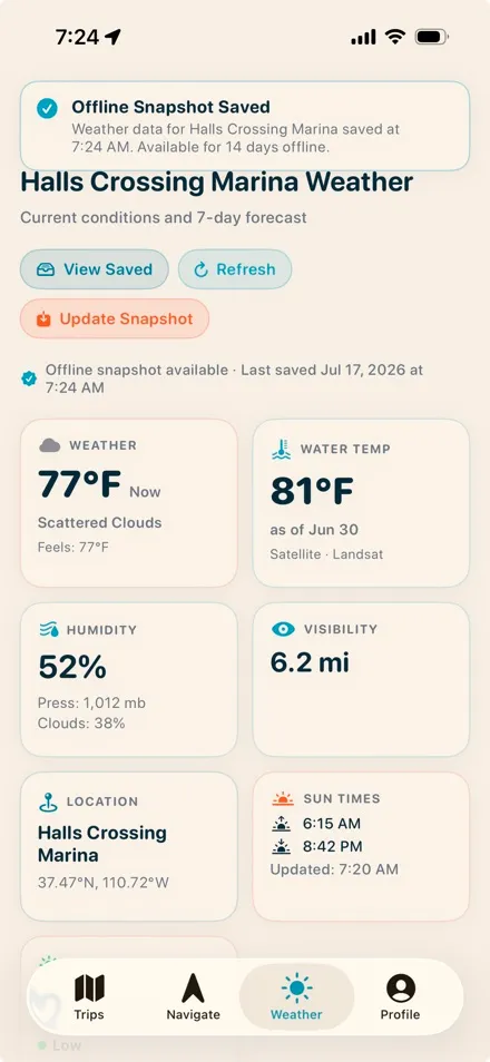 Marina weather snapshot saved for offline use