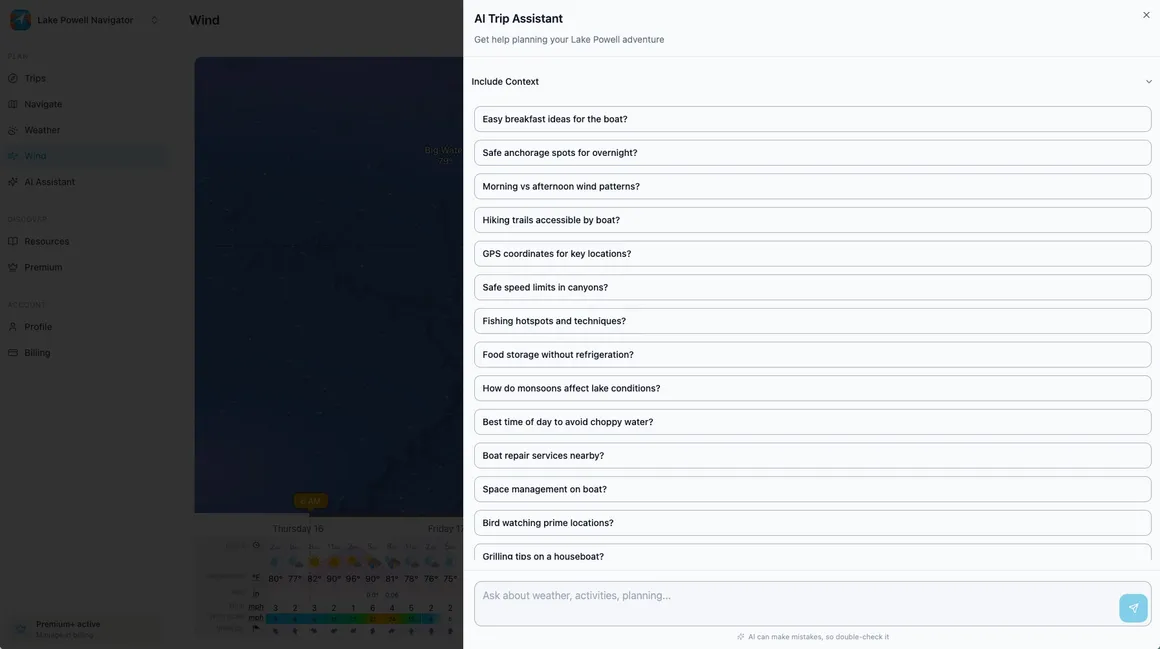 AI Trip Assistant in the web app with suggested Lake Powell questions