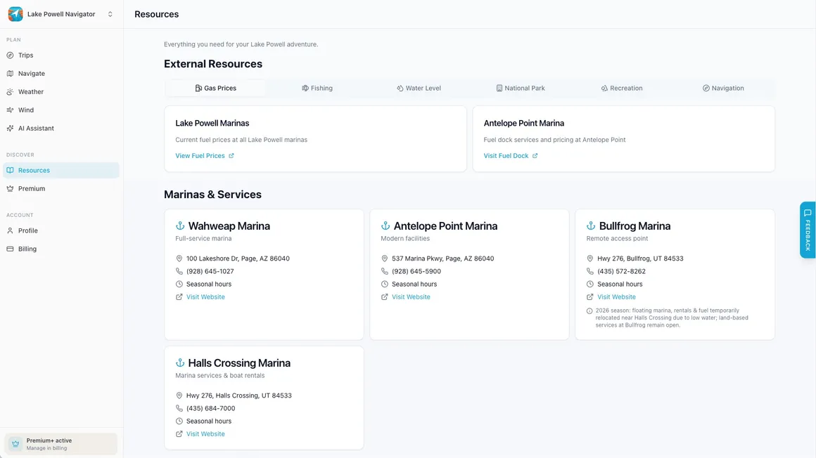 Resources in the web app with marina contacts, fuel prices, and services
