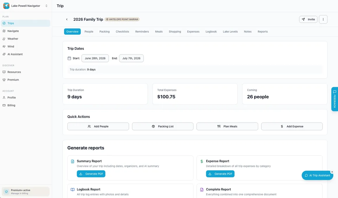 Trip overview in the web app with dates, expenses, headcount, and PDF reports