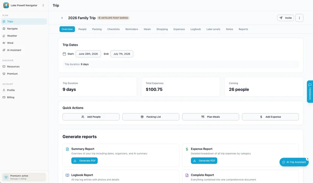 Lake Powell trip overview in the web app with dates, expenses, and headcount