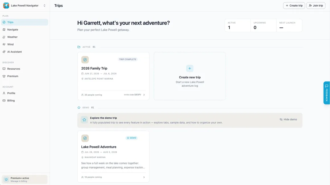 Trips dashboard in the web app with active trip, invite code, and demo trip