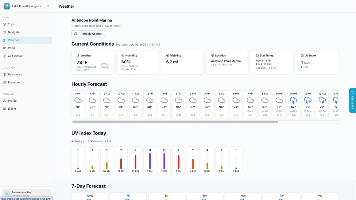 Marina weather in the web app with current conditions, hourly forecast, and UV index