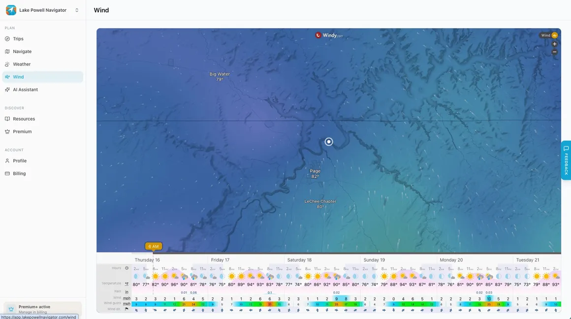 Interactive wind map in the web app with a six-day forecast timeline