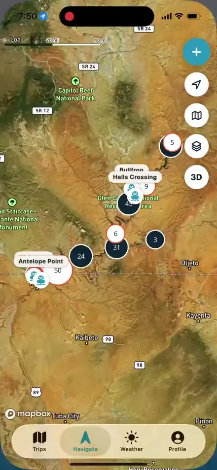 Live satellite map of Lake Powell with canyon names in the Lake Powell Navigator app