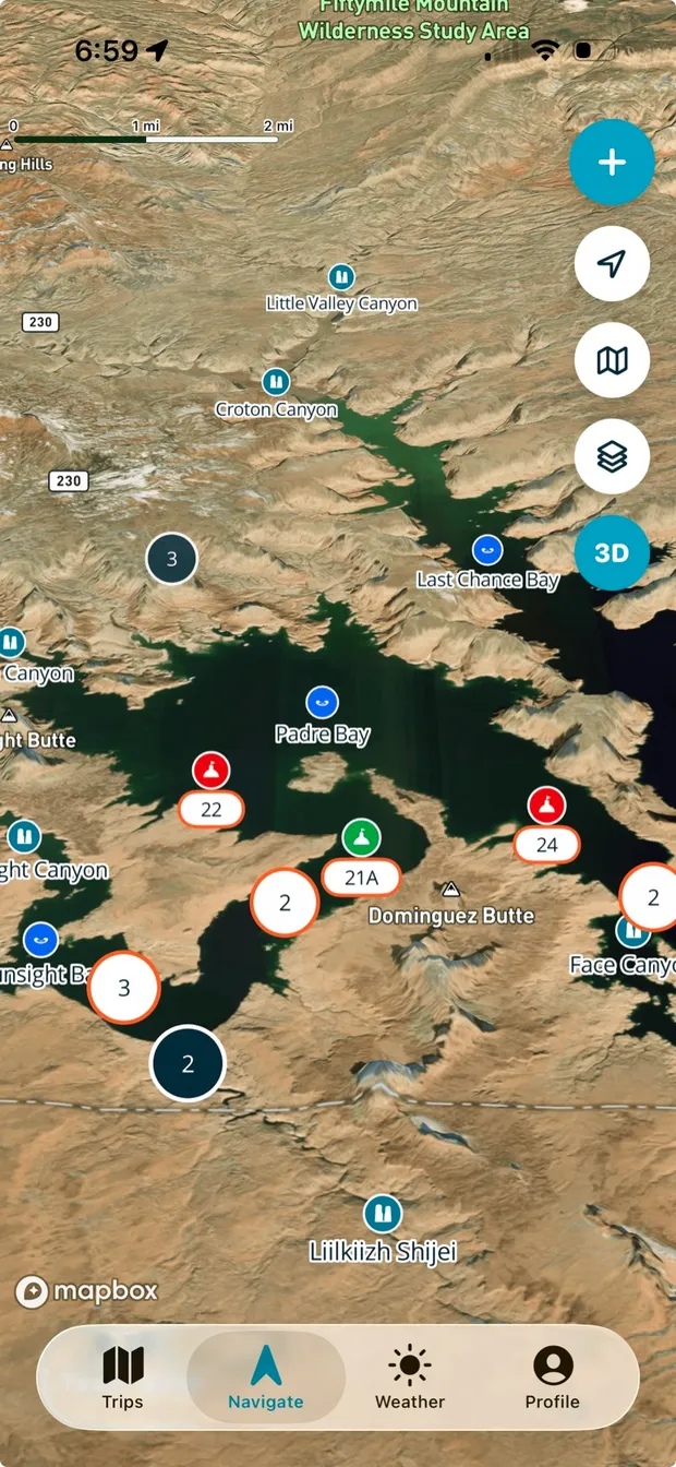 3D satellite view of Padre Bay on the Lake Powell map with named bays, canyons, and buoy markers