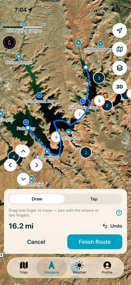 Drawing a boat route across Lake Powell with live mileage as the line is traced