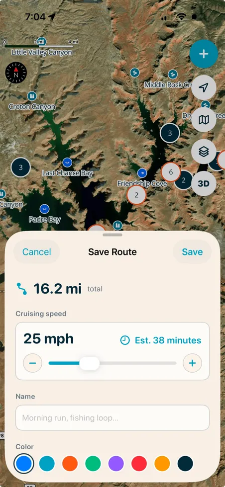 Saving a Lake Powell route with total distance, cruising speed, and estimated time