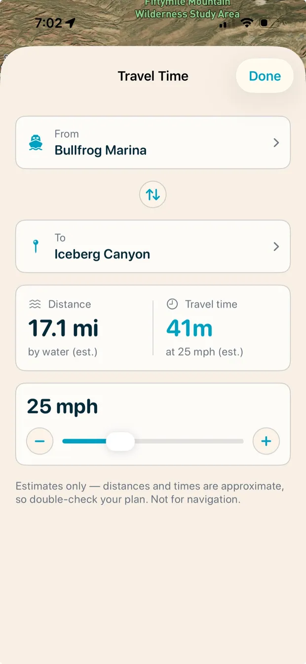 Travel time calculator showing distance and time by water from Bullfrog Marina to Iceberg Canyon