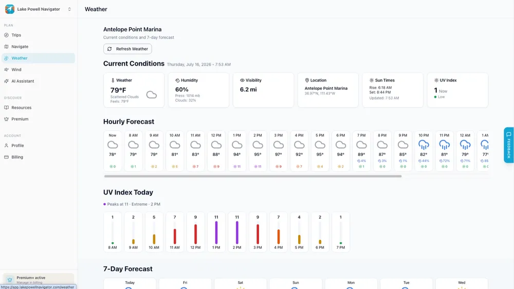 Lake Powell marina weather in the desktop web app with hourly forecast and UV index